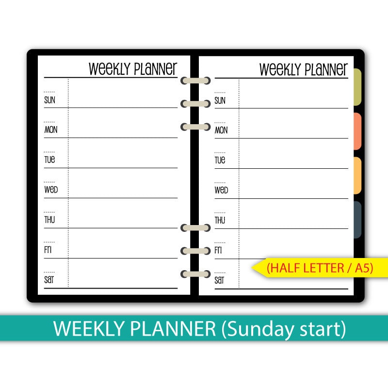 Sunday start Weekly Planner Etsy