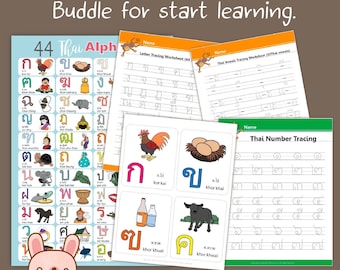 Bunddle for Start learning, Thai Alphabets Letters Tracing Worksheet, Printable PDF, Instant download, learning thai by KawaiiArt1980