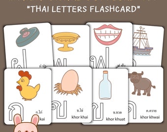 Thaise Letters Flash-kaart met afbeelding, Thaise taal, Thais leren, Kor-kai, Pdf-flashkaarten door KawaiiArt1980