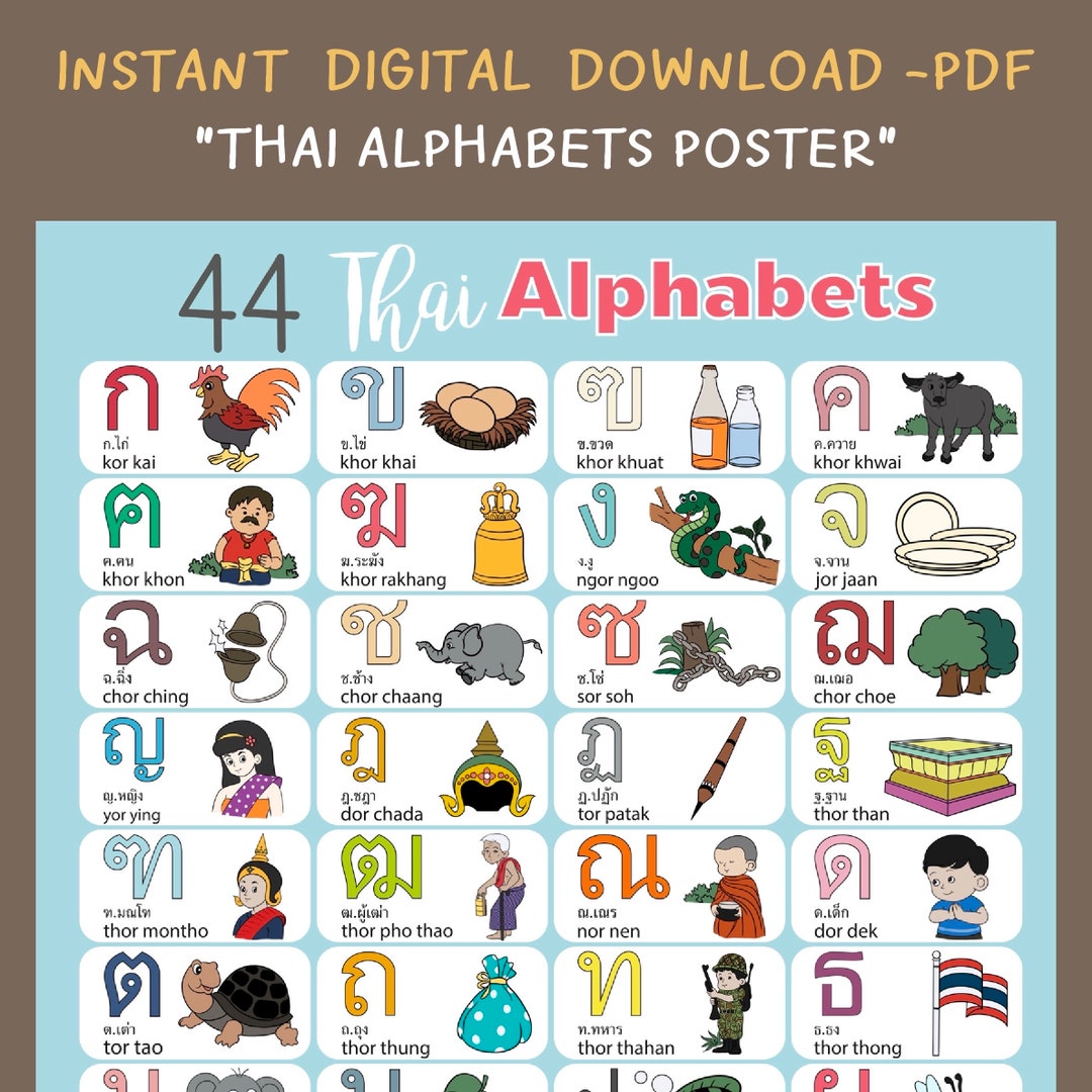 Poster alphabets thaïlandais, PDF haute résolution, apprentissage du thaï, téléchargement