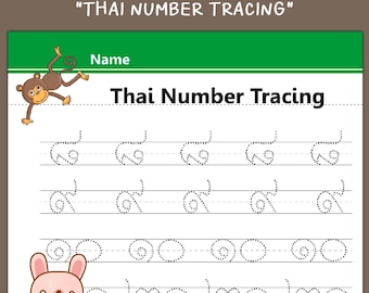 Thai Number Tracing Worksheet, Printable PDF, Instant download, Learning Thai by KawaiiArt1980