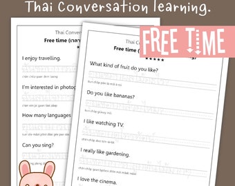 Vrije tijd, Thaise conversatie, Thaise zin, Thais leren, werkblad traceren, Instant download door KawaiiArt1980