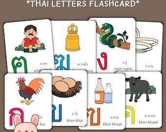 44 Thaise Letters Flash-kaart met afbeelding, Thais leren, Kor-kai, Thaise taal, Pdf-flashkaarten door KawaiiArt1980