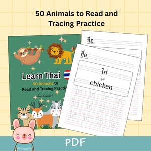 50 animales para leer y trazar / Aprende tailandés para niños / Práctica de escritura tailandesa (PDF) de KawaiiArt1980