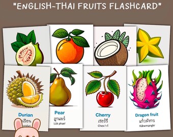 32 English-Thai Fruits flashcards, Learning Thai, FlashCards Pdf Printable by KawaiiArt1980