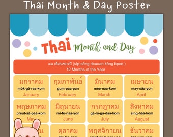 Thai 12 Months and 7 Days Poster, Learning Thai, High resolution PDF, Instant download by KawaiiArt1980