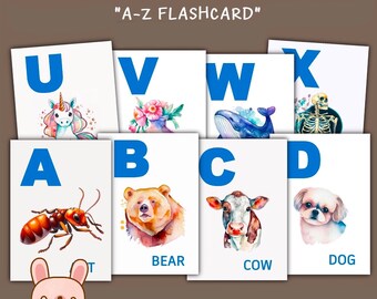 ABC Flashcards afdrukbaar, educatieve kaarten, alfabet flashkaarten, A-Z-kaarten, Instant download door KawaiiArt1980