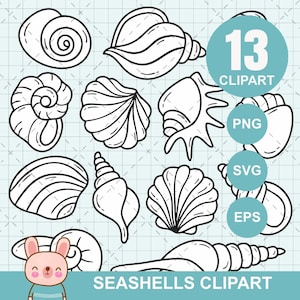 Könnte beinhalten: Eine Sammlung von 13 schwarz-weißen Muschel-Cliparts. Das Bild zeigt verschiedene Muschelformen, mit dem Text "SEASHELLS CLIPART" unten und "13 CLIPART" in einem blauen Kreis.
