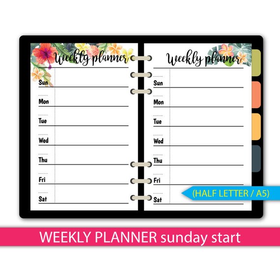 sunday start floral weekly planner printableweekly etsy