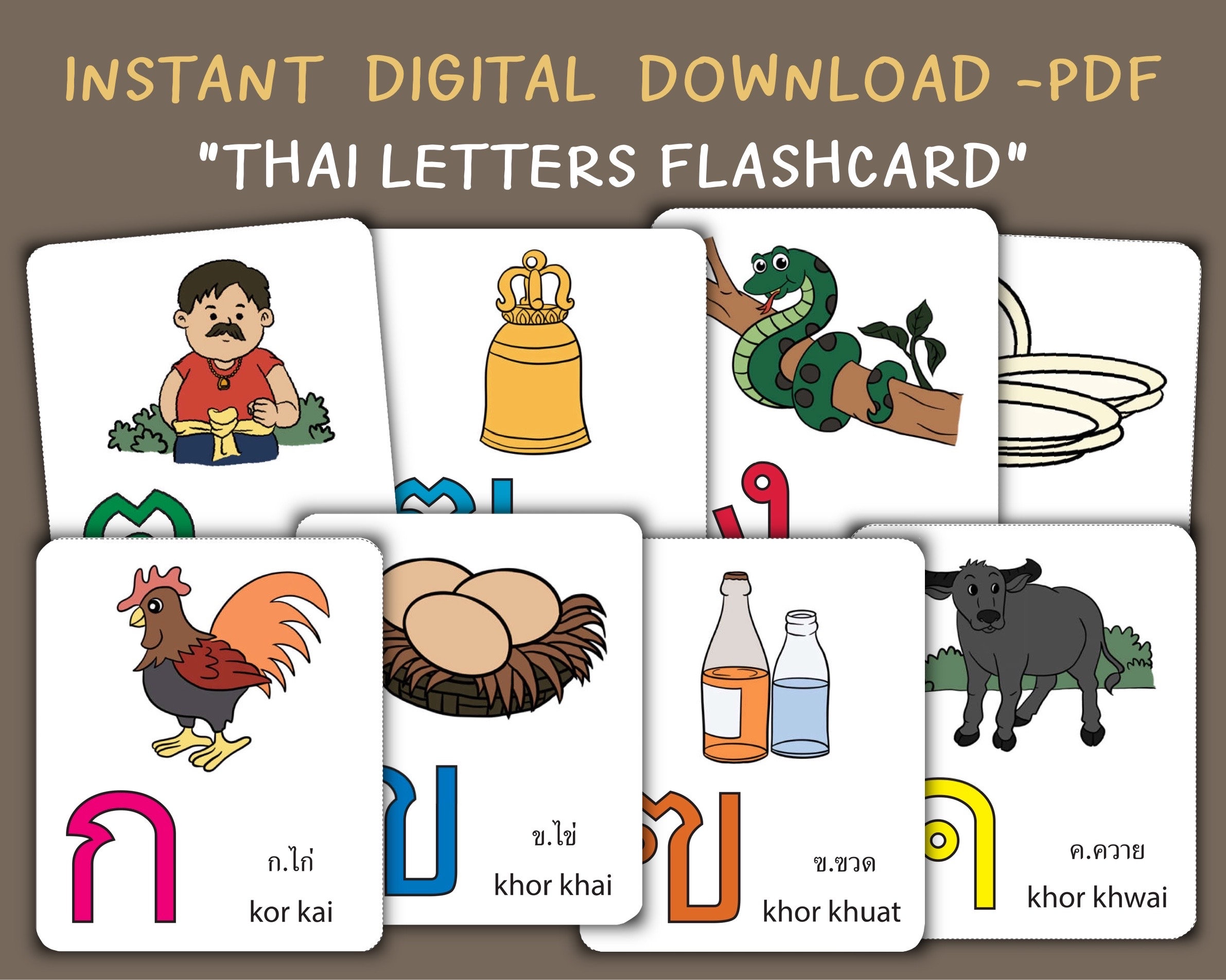 44 Thai Letters Flash Card With Picture, Learning Thai, Korkai, Thai