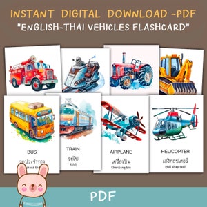 32 Flashcards de veículos inglês-tailandês, cartões flash de carro de transporte, aprendizado de tailandês, para impressão por KawaiiArt1980