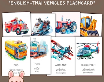 32 English-Thai Vehicles Flashcards, Transportation Car Flash cards, Thai Learning, Printable by KawaiiArt1980