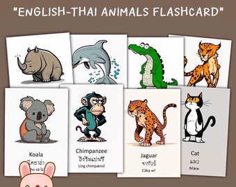 32 English-Thai Animals flash cards, Printable Kindergarten Animal Flashcards, Montessori Animals Cards by KawaiiArt1980