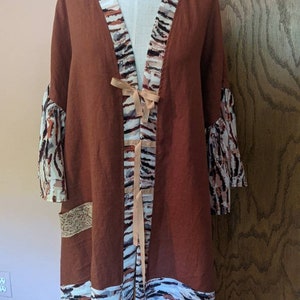 Locker sitzende Leinenjacke mit Viskose kontrastgerafft Ärmelband & Fuß, Mittel, AsymetrialSaum, Funky Vintage Retro Boho Look