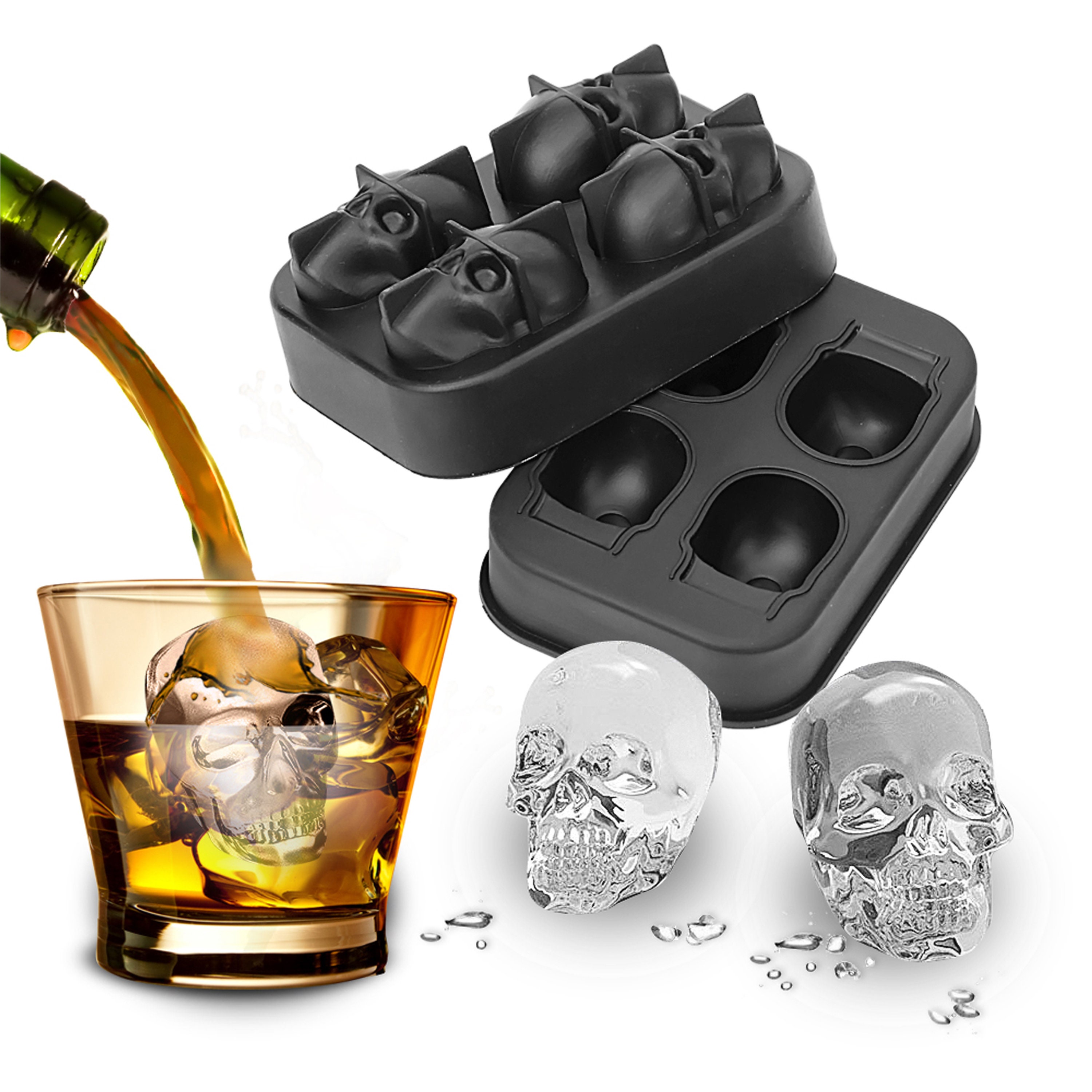 Bourbon Whiskey etc Chilled Drinks Silicone Ice Cube Trays for Freezer Ice Cube Maker with Removable Lids Funnel for Cocktail Gray 3D Skull Ice Cube Molds 