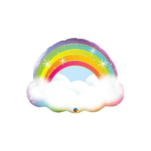May include: A rainbow balloon with a cloud shape. The rainbow has a purple, blue, green, yellow, orange, and red color scheme. The cloud is white with a light blue sky behind the rainbow.