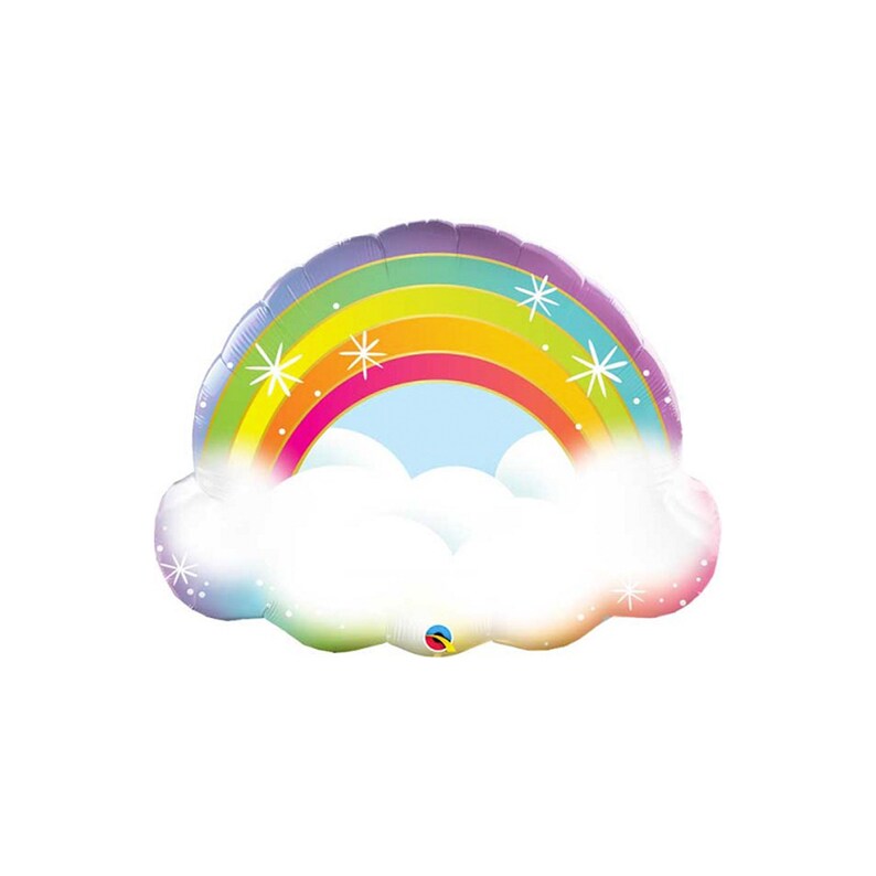 May include: A rainbow balloon with a cloud shape. The rainbow has a purple, blue, green, yellow, orange, and red color scheme. The cloud is white with a light blue sky behind the rainbow.