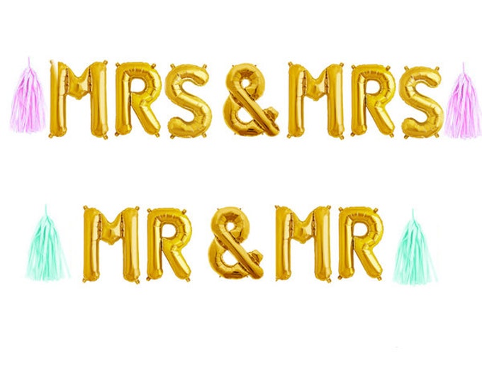 Mrs & Mrs Balloon Banner Garland with Tassels, Mrs and Mrs Banner 14" , Rose gold, Gold and Silver Wedding Balloons, Engagement, Engaygment