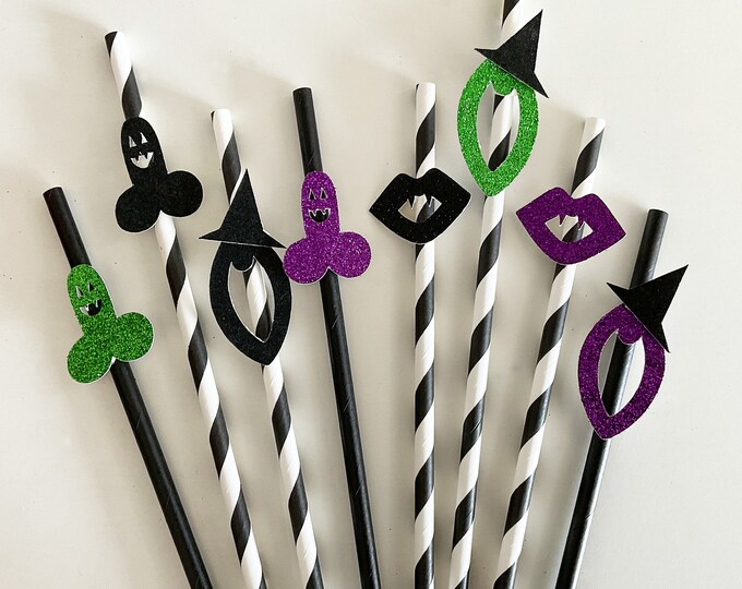 Halloween Bachelorette Party Straws for Adults, Witch Bachelorette Decorations, Penis, Vagina, Mouth, Fangs, Funny Bar Gift, Black Paper