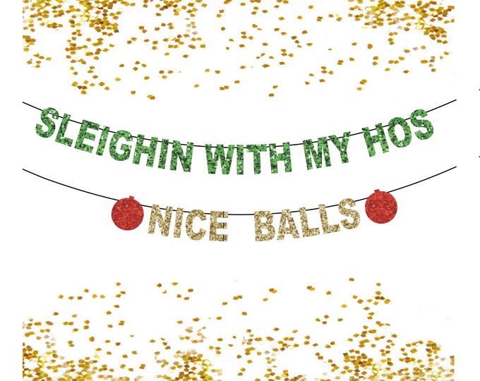 Sleighin with my Hoes Banner, Nice Balls Banner, Christmas Banner,  Party Decorations Decor, Funny Bachelorette Banner, Hoes Banner, Ho Ho