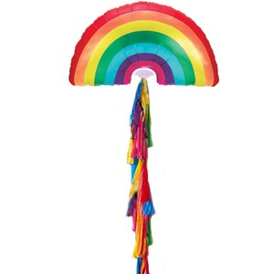 May include: A large rainbow foil balloon with a long streamer of colorful tissue paper hanging from the bottom.