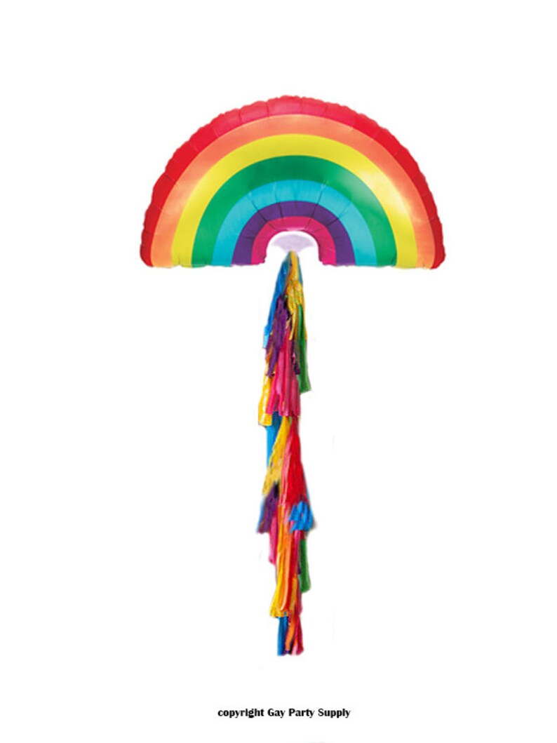 May include: A large rainbow foil balloon with a long streamer of colorful tissue paper hanging from the bottom.