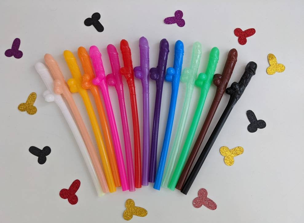 RAINBOW COLOURED WILLY STRAWS HEN NIGHT PARTY ACCESSORIES & FAVOURS