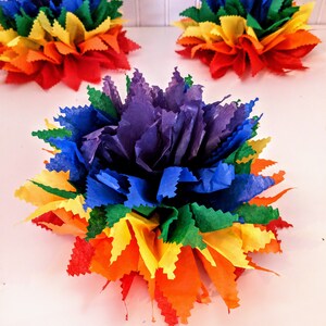 May include: Three rainbow tissue paper pom-poms in different sizes. The pom-poms are made of tissue paper in the colors of the rainbow, with the largest pom-pom having a purple center.