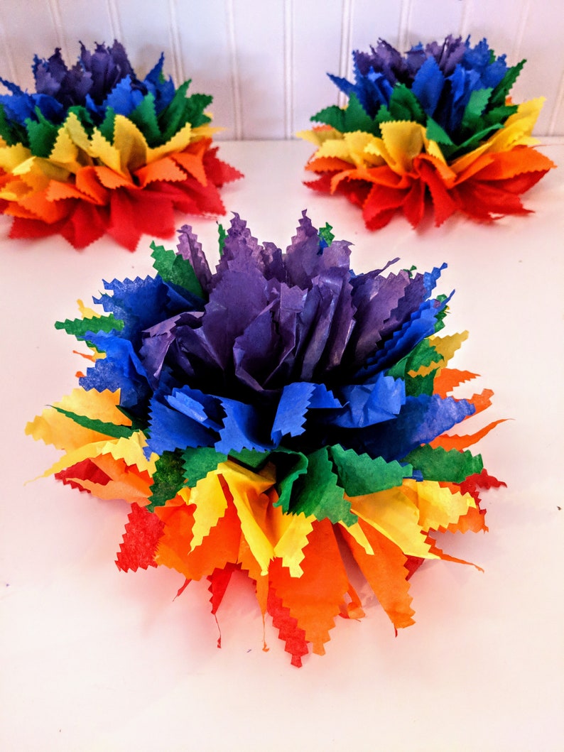 May include: Three rainbow tissue paper pom-poms in different sizes. The pom-poms are made of tissue paper in the colors of the rainbow, with the largest pom-pom having a purple center.