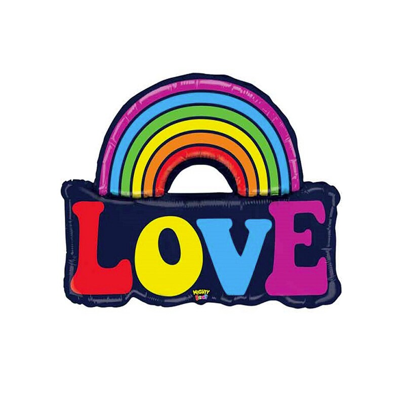 May include: Rainbow-colored foil balloon shaped like a rainbow arch with the word "LOVE" in large, colorful letters underneath.