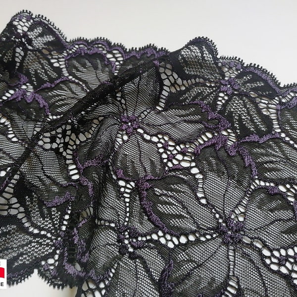 Dentelle noire rebrodée violet vendue au mètre pour lingerie et prêt à porter