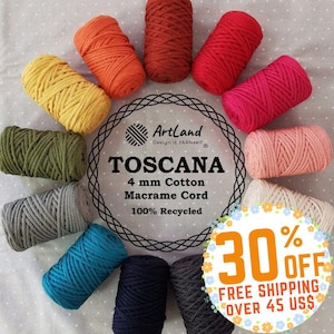 Toscana 4 mm Premium Makramee geflochtenes Baumwollseil - umweltfreundliche Kaltwasserfärbung, 250 gr - 80 Meter