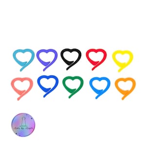May include: Ten heart-shaped paper clips in various colours: blue, purple, black, red, yellow, pink, light blue, green, dark blue, and orange.