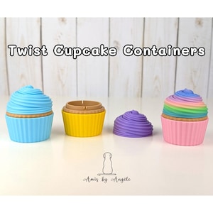 May include: Four colourful twist cupcake containers. The containers are shaped like cupcakes, with blue, yellow, purple, and pink frosting. The text "Twist Cupcake Containers" is at the top of the image.