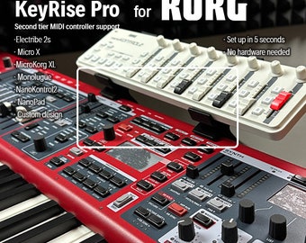 Puede incluir: Un teclado rojo y negro con un controlador MIDI blanco en la parte superior. El teclado tiene una variedad de botones y perillas, incluida una etiqueta "Synth". El controlador MIDI tiene una variedad de botones y perillas, incluida una etiqueta "NanoKontrol2". El texto "KeyRise Pro for KORG" es visible en la parte superior de la imagen. El texto "Set up in 5 seconds" y "No hardware needed" es visible en el lado derecho de la imagen.