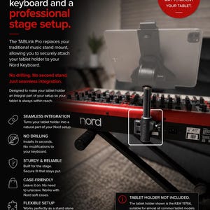 May include: The TABLink Pro is a black mounting accessory for Nord keyboards, shown attached to a red keyboard with a tablet holder and tablet. Text includes: The missing link between your keyboard and a professional stage setup.