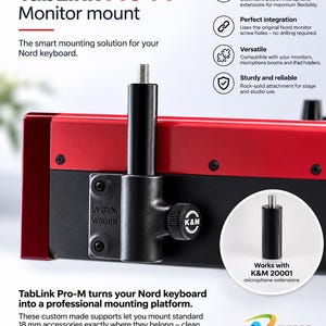 May include: TabLink Pro-M monitor mount for Nord keyboards. A black metal mounting bracket attaches to the red keyboard frame, featuring an 18 mm system post with a K&M branded adjustment knob. Includes text: TabLink Pro-M Monitor mount.