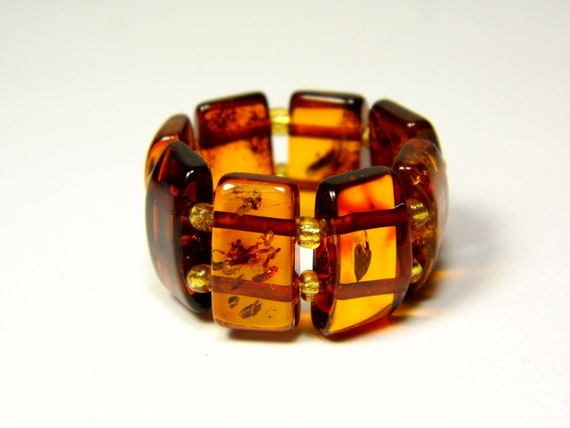 Baltic Amber Ring Size 8 Cognac Transparent Brown Women's Elastic Stretch 5637