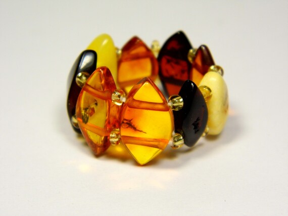 Baltic Amber Ring Size 6.5-8 Elastic Stretch Multicolor Stone Natural 4915