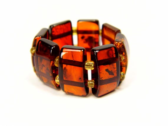 Baltic Amber Ring Size 7 Cognac Transparent Brown Women's Elastic Stretch XA016