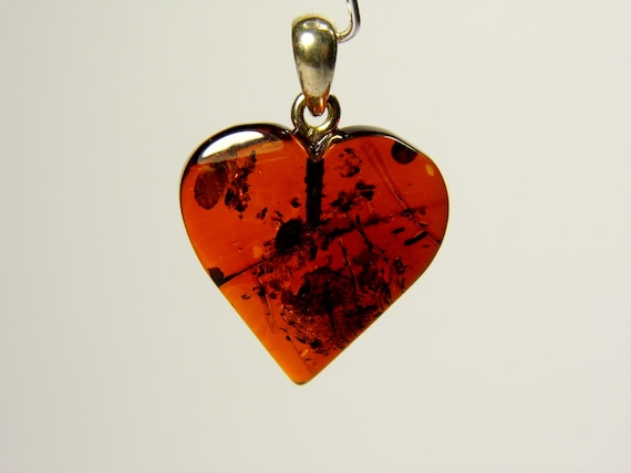 Baltic Amber Heart Pendant Charm 0.75x0.75" Cognac Transparent Brown Stone A0120