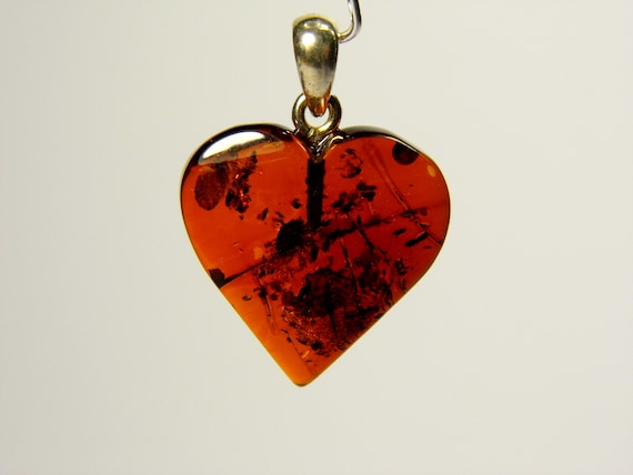 Baltic Amber Heart Pendant Charm 0.75x0.75" Cognac Transparent Brown Stone 5300