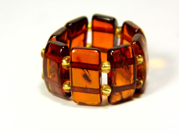 Baltic Amber Ring Size 7.5 Cognac Transparent Brown Women's Elastic Stretch A0161