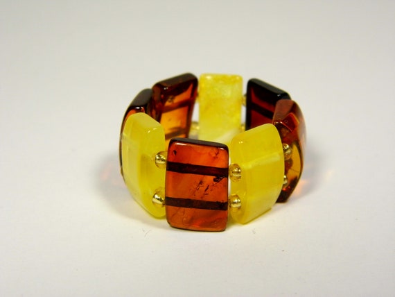 Baltic Amber Ring Size 10.5 Multicolor Yellow Cognac Brown Elastic Stretch 5849