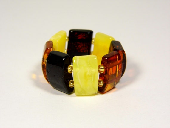 Baltic Amber Ring Size 10.5 Multicolor Yellow Cognac Brown Elastic Stretch 5847