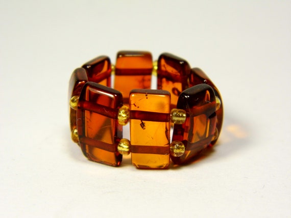 Baltic Amber Ring Size 6.5 Cognac Transparent Brown Women's Elastic Stretch XA015