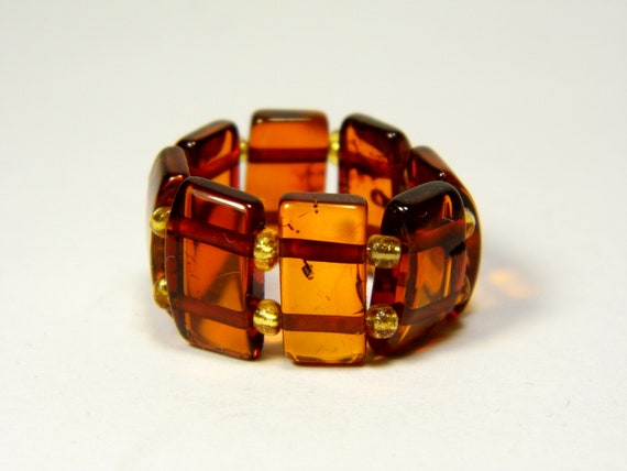 Baltic Amber Ring Size 6.5 Cognac Transparent Brown Women's Elastic Stretch 5652