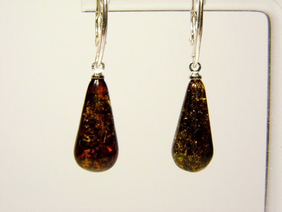 Baltic Amber Dangle Drop Earrings Green Brown Natural Stone Genuine 4587