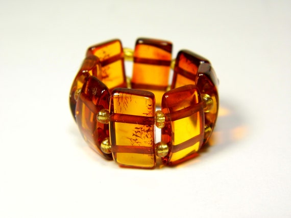 Baltic Amber Ring Size 6.5 Cognac Transparent Brown Women's Elastic Stretch 5638