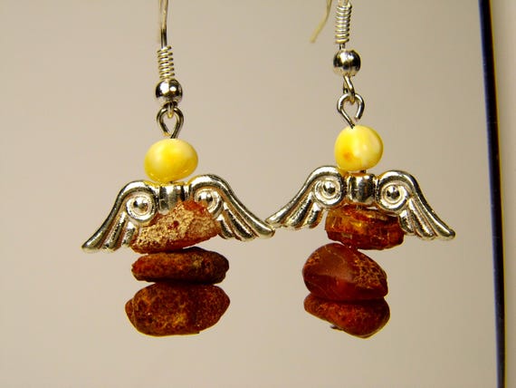 Baltic Amber Angel Dangle Drop Earrings Multicolor Natural Stone Genuine Gemstone A0282